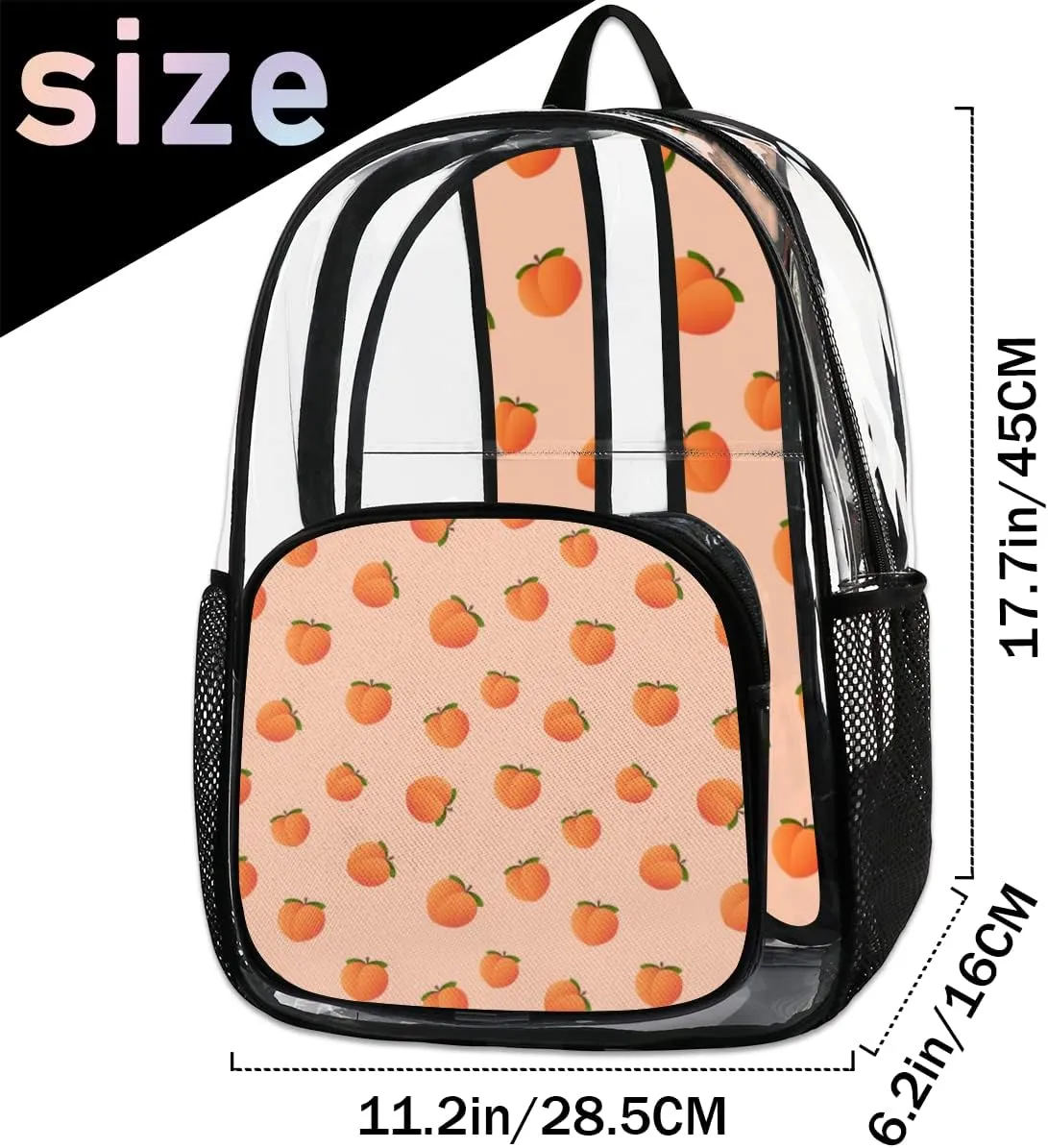 Peach Pattern Clear Backpack Stadium Approved Heavy Duty PVC Transparent Backpacks Large Laptop Backpack for Work Travel Sports Events Concerts