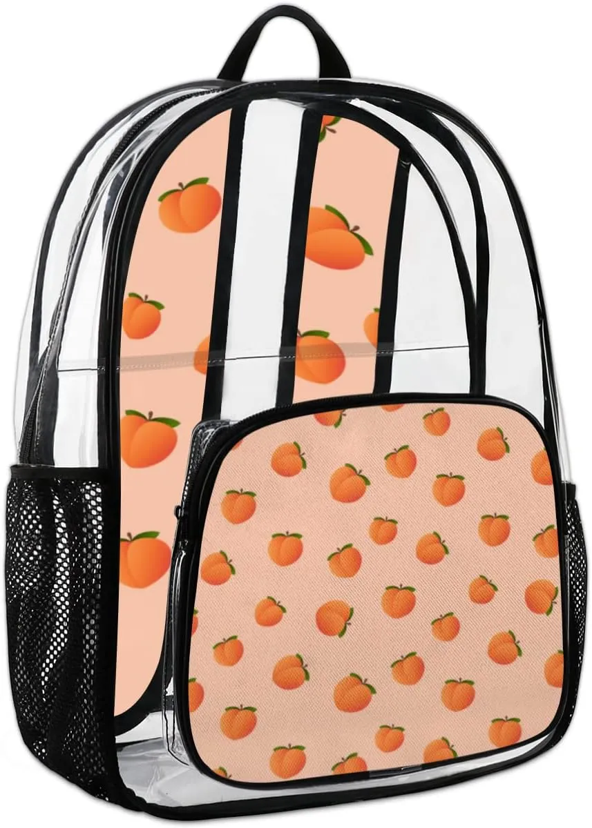 Peach Pattern Clear Backpack Stadium Approved Heavy Duty PVC Transparent Backpacks Large Laptop Backpack for Work Travel Sports Events Concerts