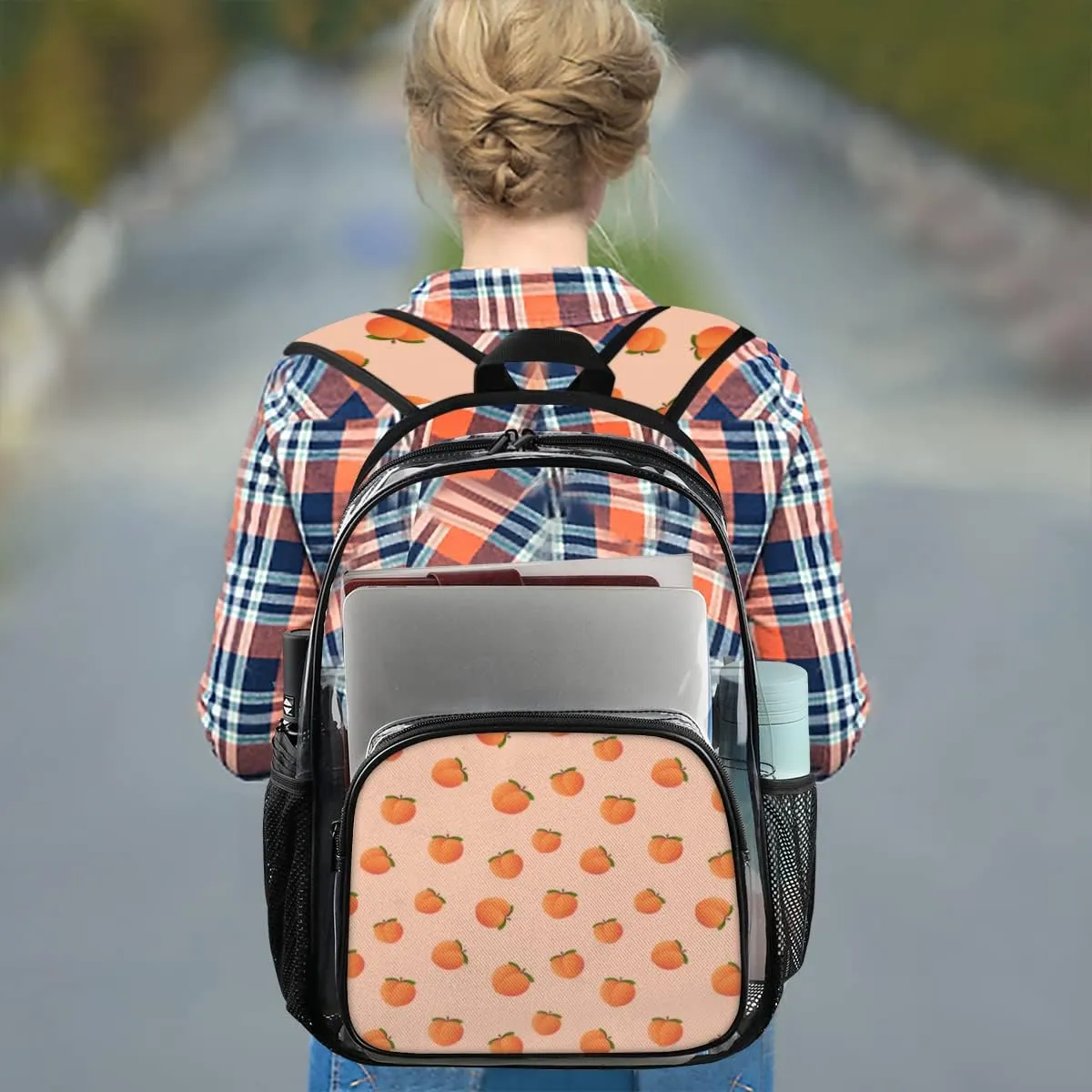Peach Pattern Clear Backpack Stadium Approved Heavy Duty PVC Transparent Backpacks Large Laptop Backpack for Work Travel Sports Events Concerts