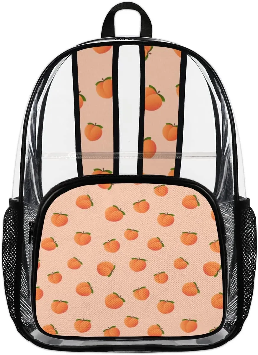 Peach Pattern Clear Backpack Stadium Approved Heavy Duty PVC Transparent Backpacks Large Laptop Backpack for Work Travel Sports Events Concerts