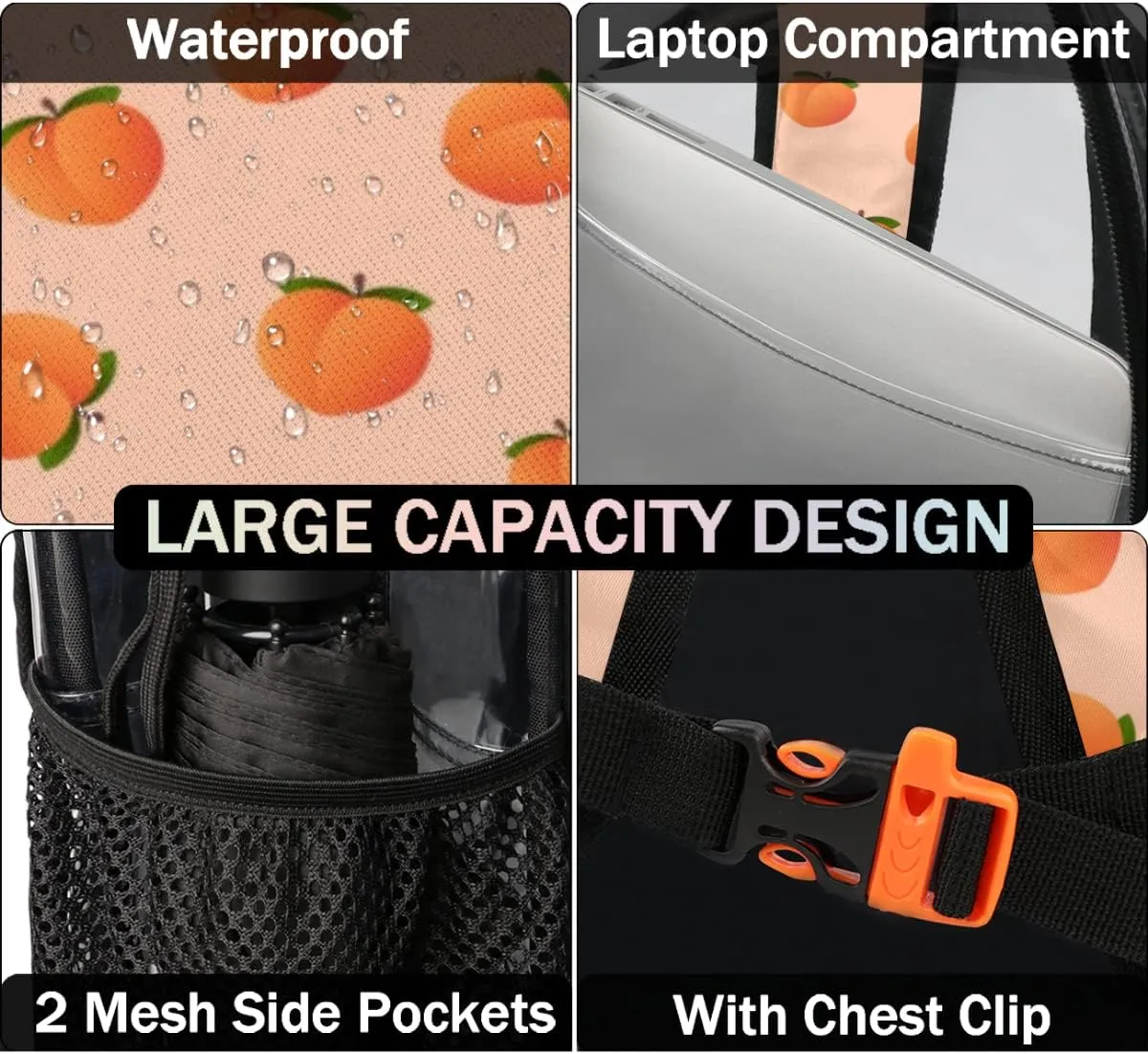 Peach Pattern Clear Backpack Stadium Approved Heavy Duty PVC Transparent Backpacks Large Laptop Backpack for Work Travel Sports Events Concerts