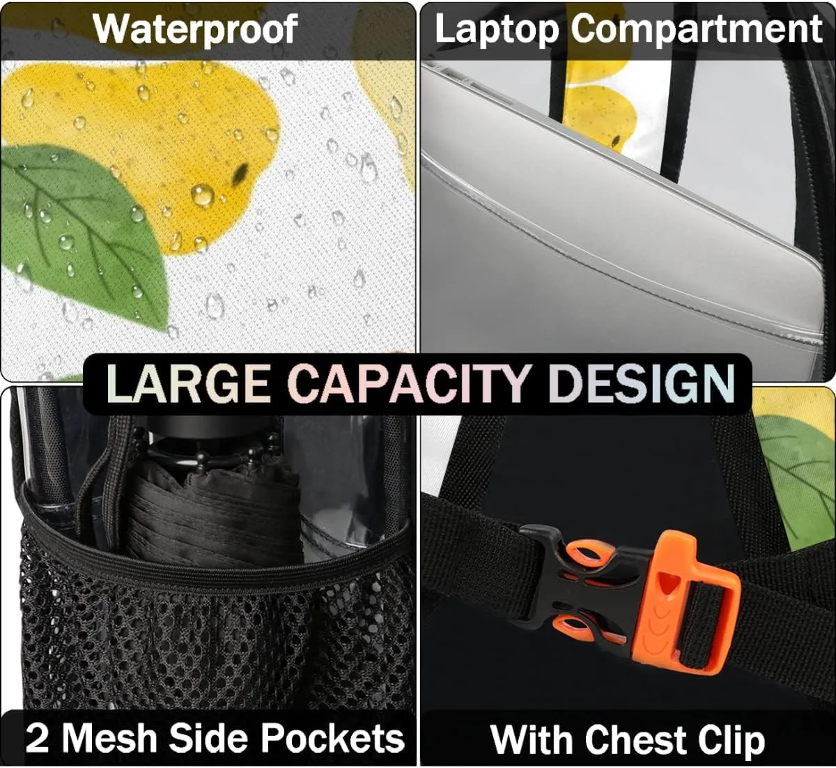 Pears Clear Backpack Stadium Approved Heavy Duty PVC Transparent Backpacks Large Laptop Backpack for Work Travel Sports Events Concerts