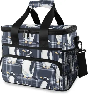 Penguin Black White Buffalo Plaid Cooler Bag Insulated Cooler Soft Sided Cooler 24 Can Portable Picnic Bag Large Leakproof Lunch Bag Box for Beach Grocery Camping Travel Car Men Women