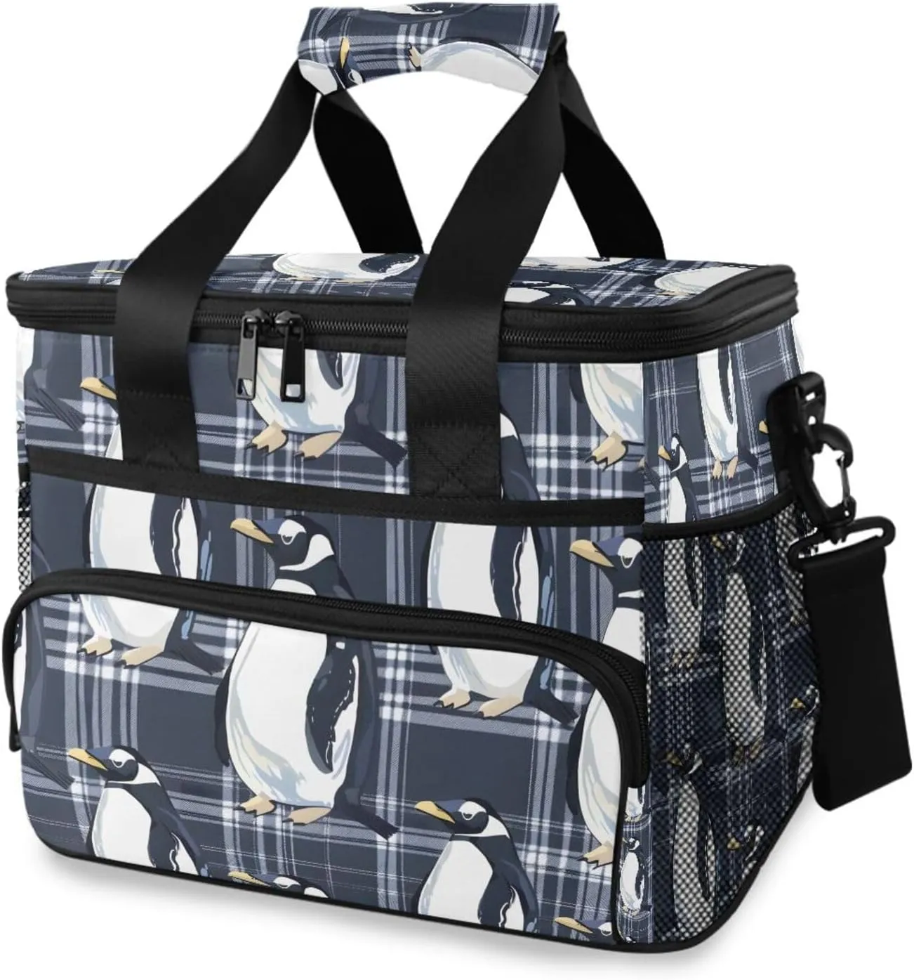 Penguin Black White Buffalo Plaid Cooler Bag Insulated Cooler Soft Sided Cooler 24 Can Portable Picnic Bag Large Leakproof Lunch Bag Box for Beach Grocery Camping Travel Car Men Women