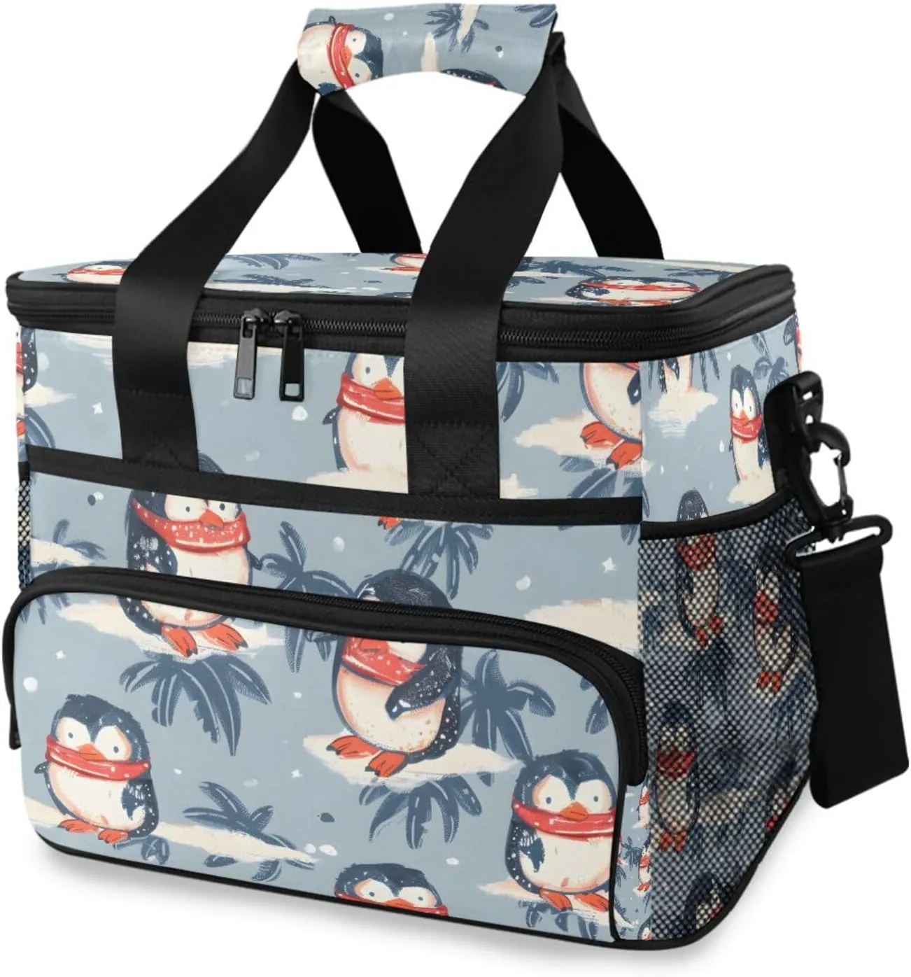 Penguin Scarf Forest Animal Cooler Bag Insulated Cooler Soft Sided Cooler 24 Can Portable Picnic Bag Large Leakproof Lunch Bag Box for Beach Grocery Camping Travel Car Men Women