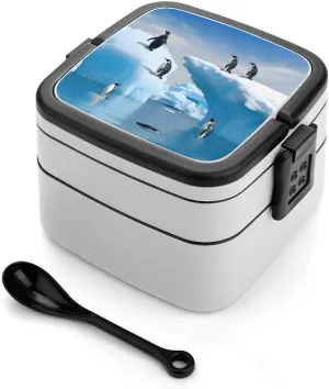 Penguins On The Iceberg Printed Double Layer Lunch Box, Bento Lunch Box for Adult All in One Bento Box with Handle Leak Proof Bento Box for Office Travel Picnic Camping