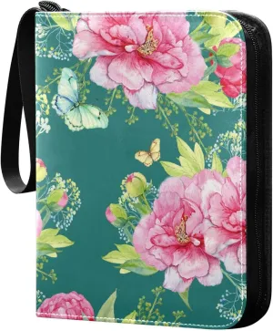 Peony Flowers and Butterfly Pattern Card Binder for Trading Cards, 4 Pocket with 50 Sleeves up to 400 Cards, Double Sided Pockets Card Holder Carry Case for Baseball Card, Football Card, Gaming Cards