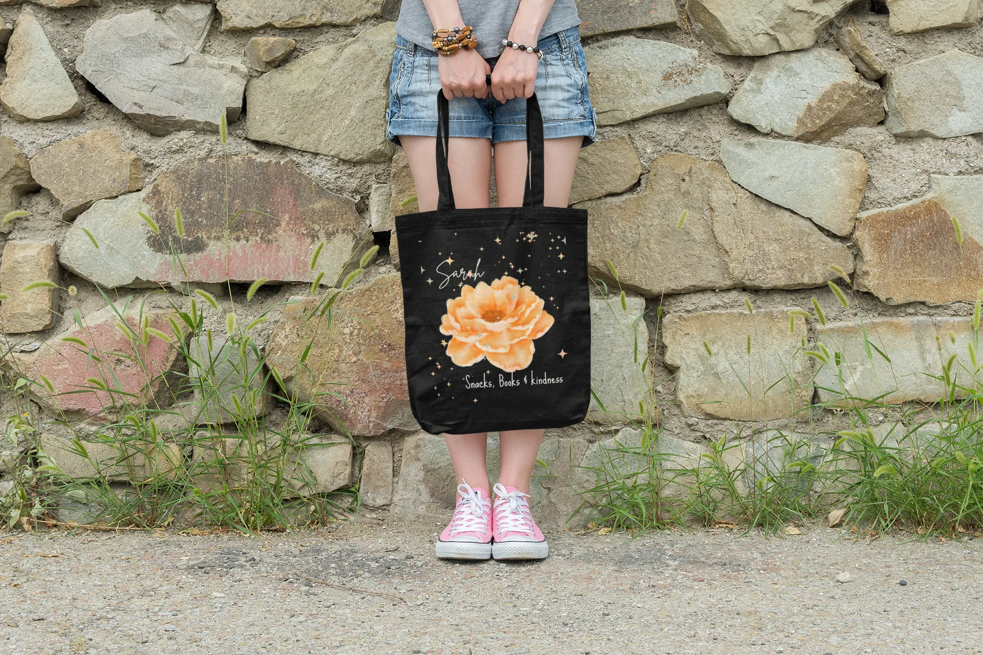 Personalised Floral Tote Bag with Custom Name – Elegant Flower Design