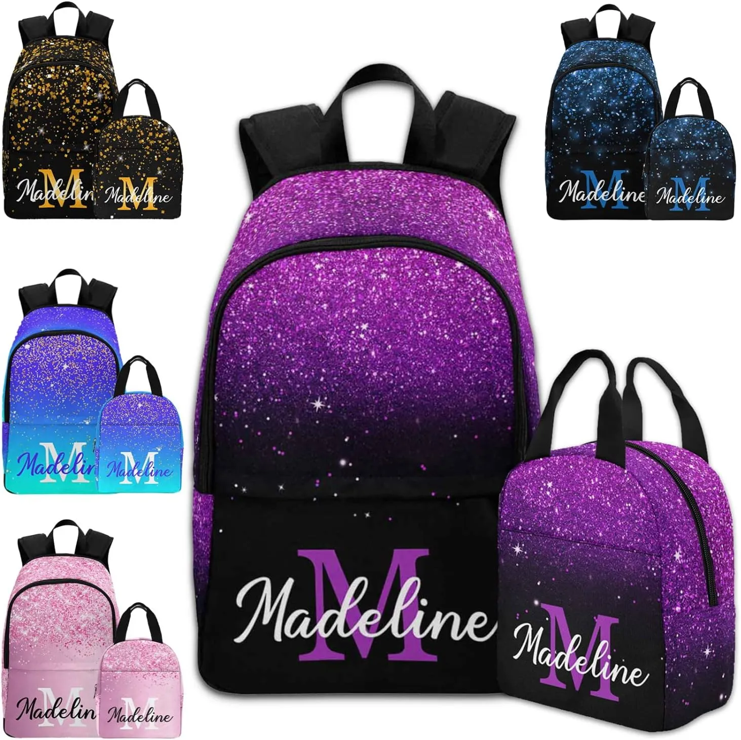 Personalized Backpack and Lunch Bag Sets with Name Multi Color Custom Backpack for Boys Girls School Backpacks for Girls Shoulder Schoolbags for Granddaughter Daughter