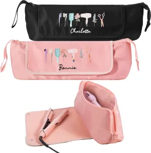 Personalized Birth Flower Hair Tools Travel Bag with Heat Resistant Mat for Flat Iron - Custom Birth Flower and Name on the Curling Iron Bag - Gifts for Women