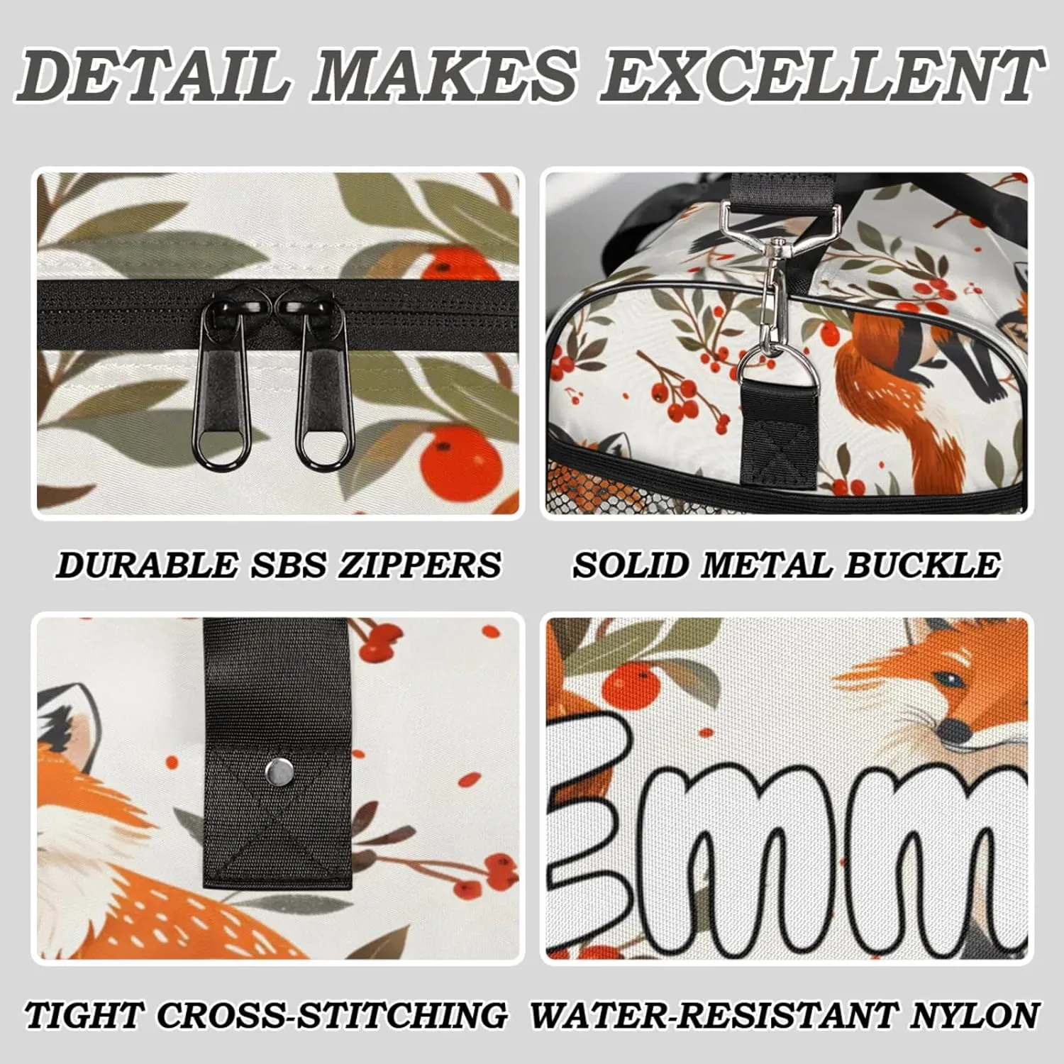 Personalized Fox Travel Duffel Bag with Name, Custom Gym Sport Bag Boho Flower Leaves Carry On Weekend Overnight Duffel Bag for Men Women