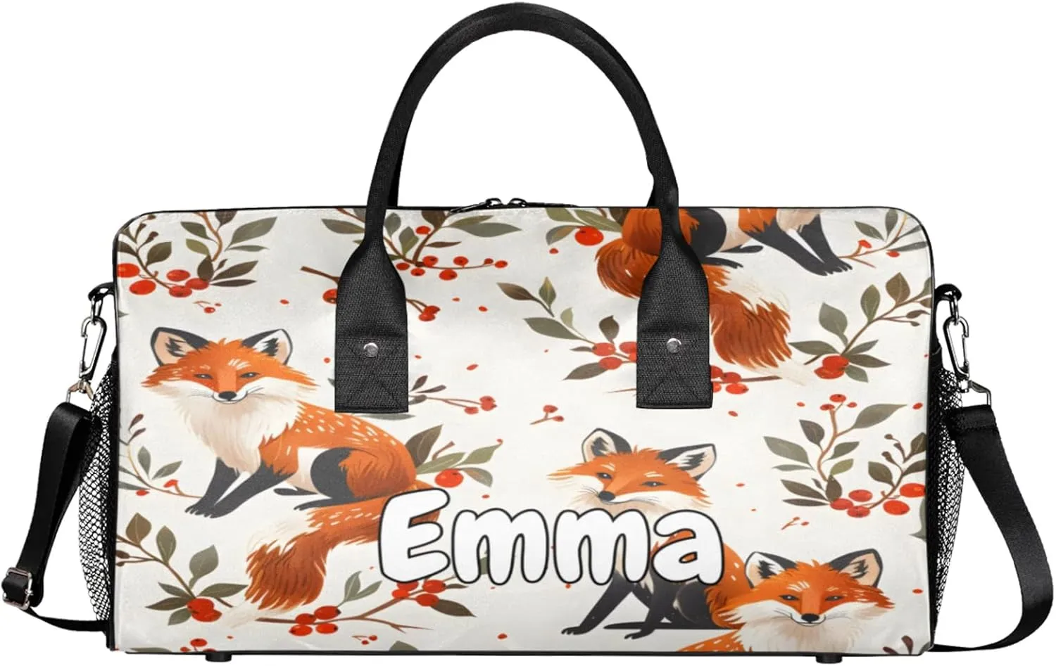 Personalized Fox Travel Duffel Bag with Name, Custom Gym Sport Bag Boho Flower Leaves Carry On Weekend Overnight Duffel Bag for Men Women