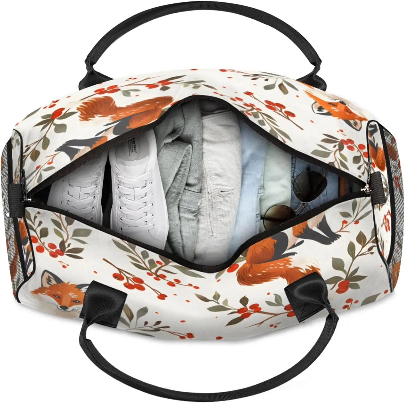 Personalized Fox Travel Duffel Bag with Name, Custom Gym Sport Bag Boho Flower Leaves Carry On Weekend Overnight Duffel Bag for Men Women