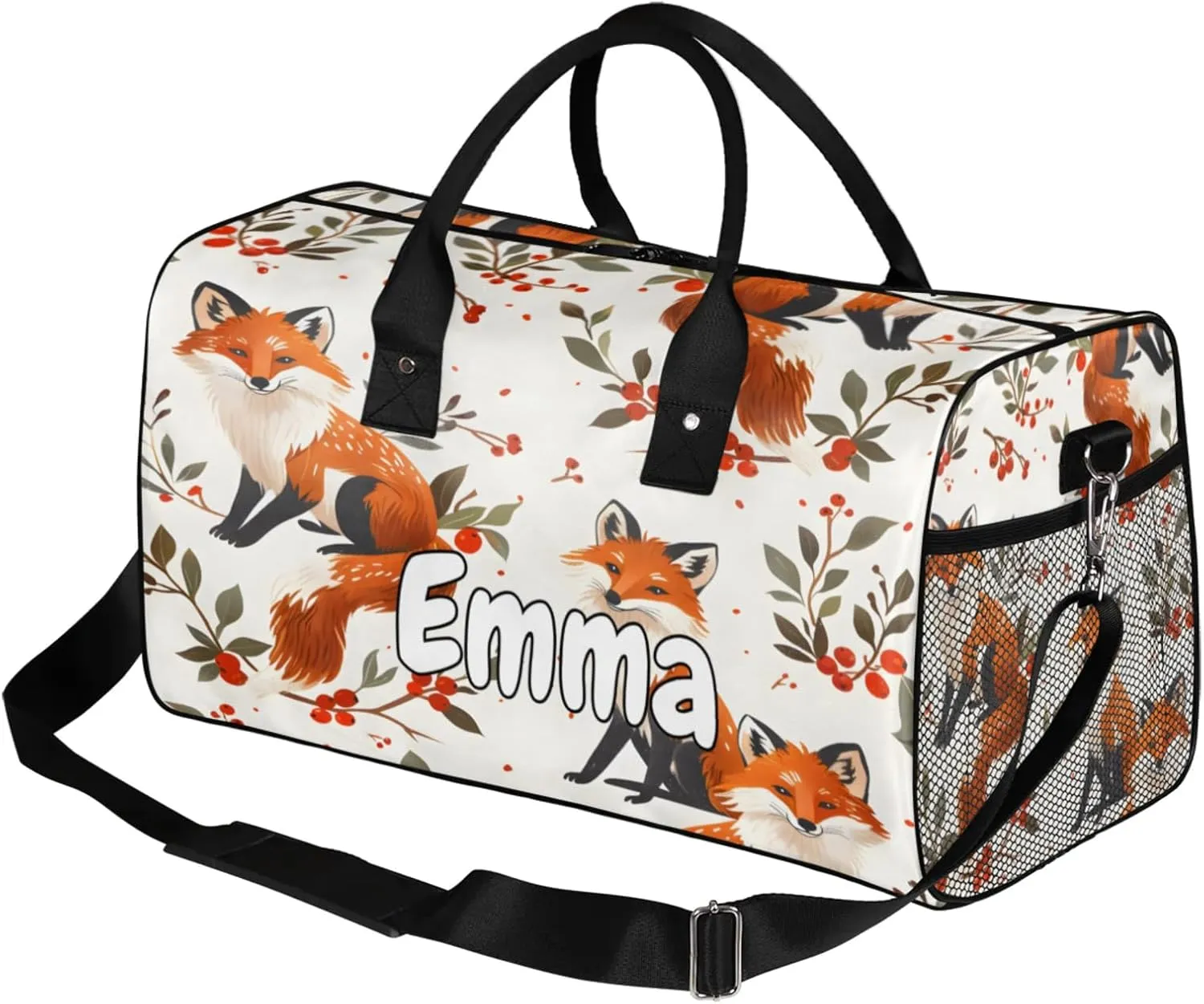 Personalized Fox Travel Duffel Bag with Name, Custom Gym Sport Bag Boho Flower Leaves Carry On Weekend Overnight Duffel Bag for Men Women
