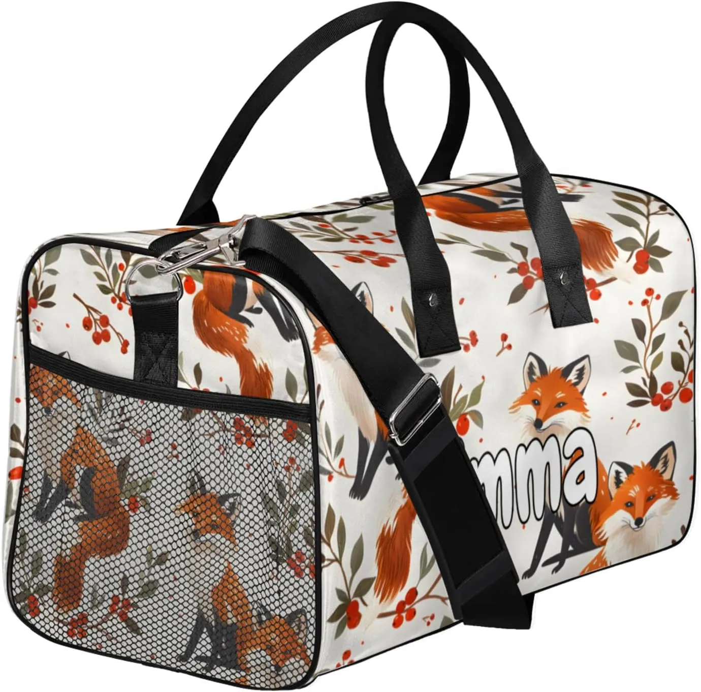 Personalized Fox Travel Duffel Bag with Name, Custom Gym Sport Bag Boho Flower Leaves Carry On Weekend Overnight Duffel Bag for Men Women