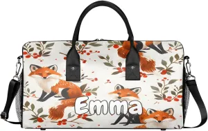 Personalized Fox Travel Duffel Bag with Name, Custom Gym Sport Bag Boho Flower Leaves Carry On Weekend Overnight Duffel Bag for Men Women
