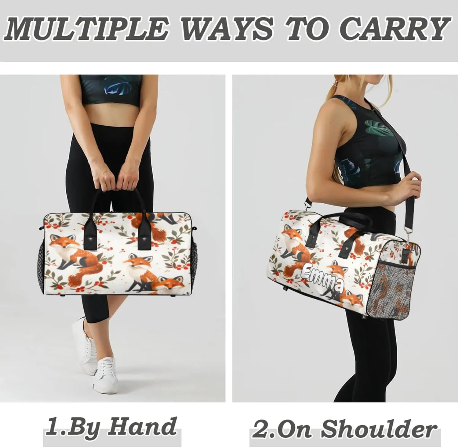 Personalized Fox Travel Duffel Bag with Name, Custom Gym Sport Bag Boho Flower Leaves Carry On Weekend Overnight Duffel Bag for Men Women