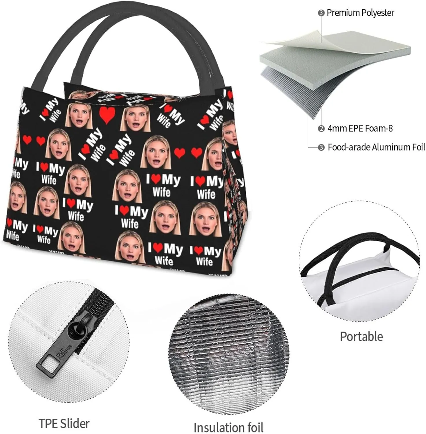Personalized Insulated Lunch Bag for Men Women, Reusable Custom Large Capacity Lunch Box, Customized Leakproof Thermal Meal Cooler Handbags Tote Bag for Office Work Picnic, I love my wife Women Face