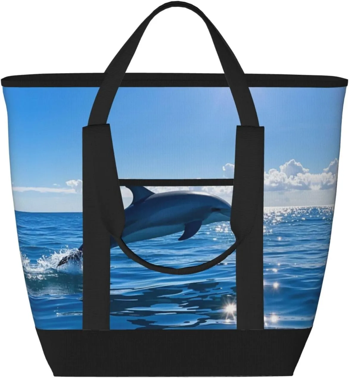 Personalized Insulated Tote Bags for Women with Zipper, Custom Large Capacity Casual Shoulder Handbags, Customized Cooler Shopping Grocery Travel Lunch Bag, Ocean Sea Dolphin Leap Out