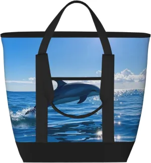 Personalized Insulated Tote Bags for Women with Zipper, Custom Large Capacity Casual Shoulder Handbags, Customized Cooler Shopping Grocery Travel Lunch Bag, Ocean Sea Dolphin Leap Out