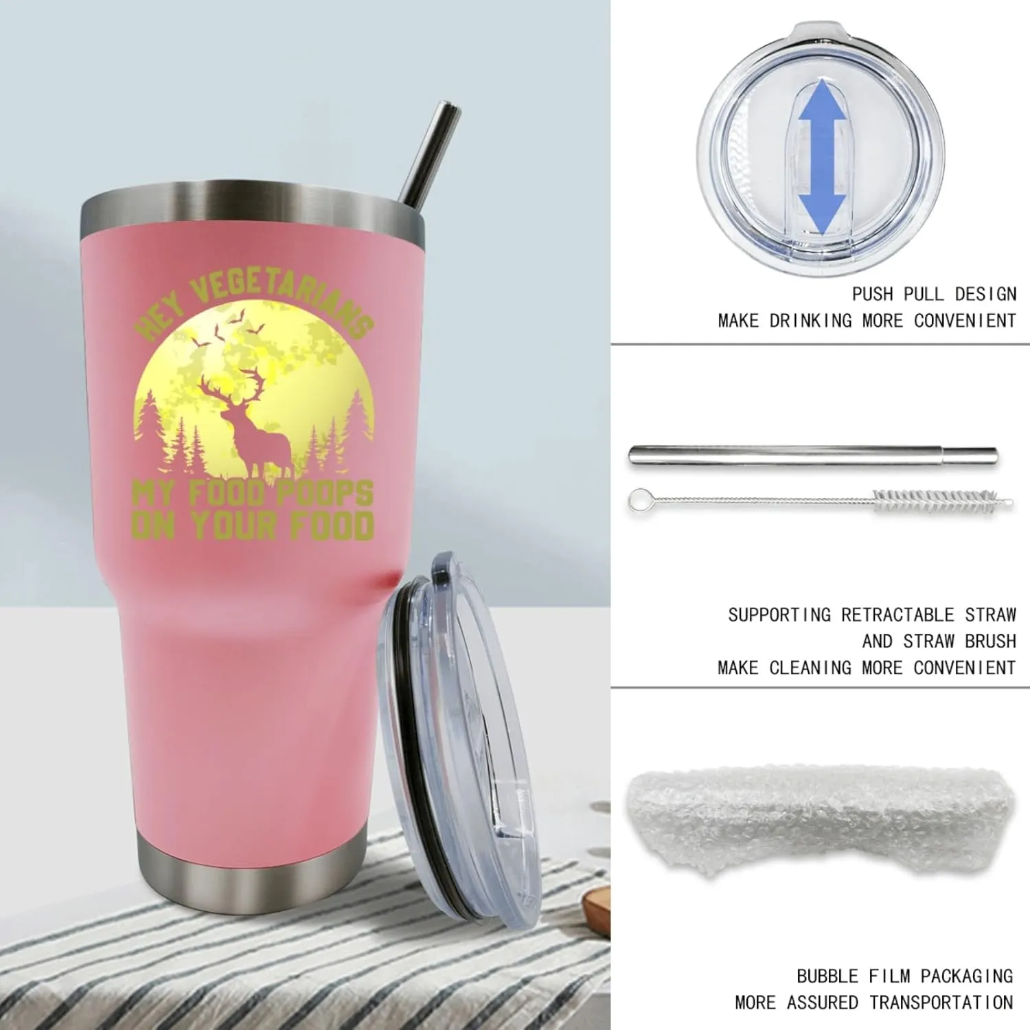 Personalized Tumbler Pink Tumbler Hey Vegetarians, My Food Poops On Your Food Tumbler Insulated Stainless Tumbler with Lids and Straws for Daughter for Home