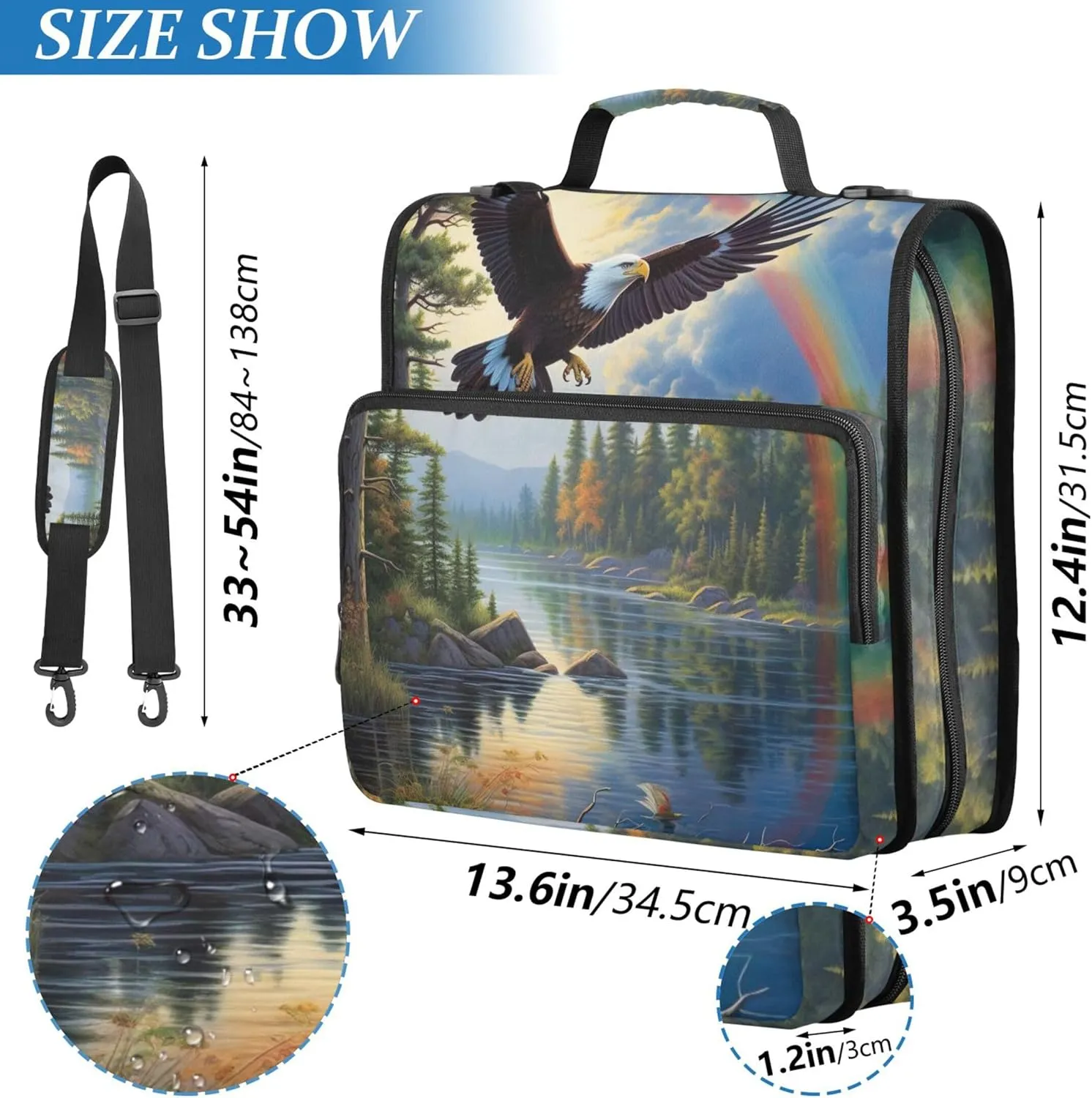 Pink Binder Zipper Organizer 1.5 Inch Binders 3 Ring Heavy Duty Eagle Soars Serene Lake Multi Pockets Large Portfolio Folder School Binders Bag with Shoulder Strap