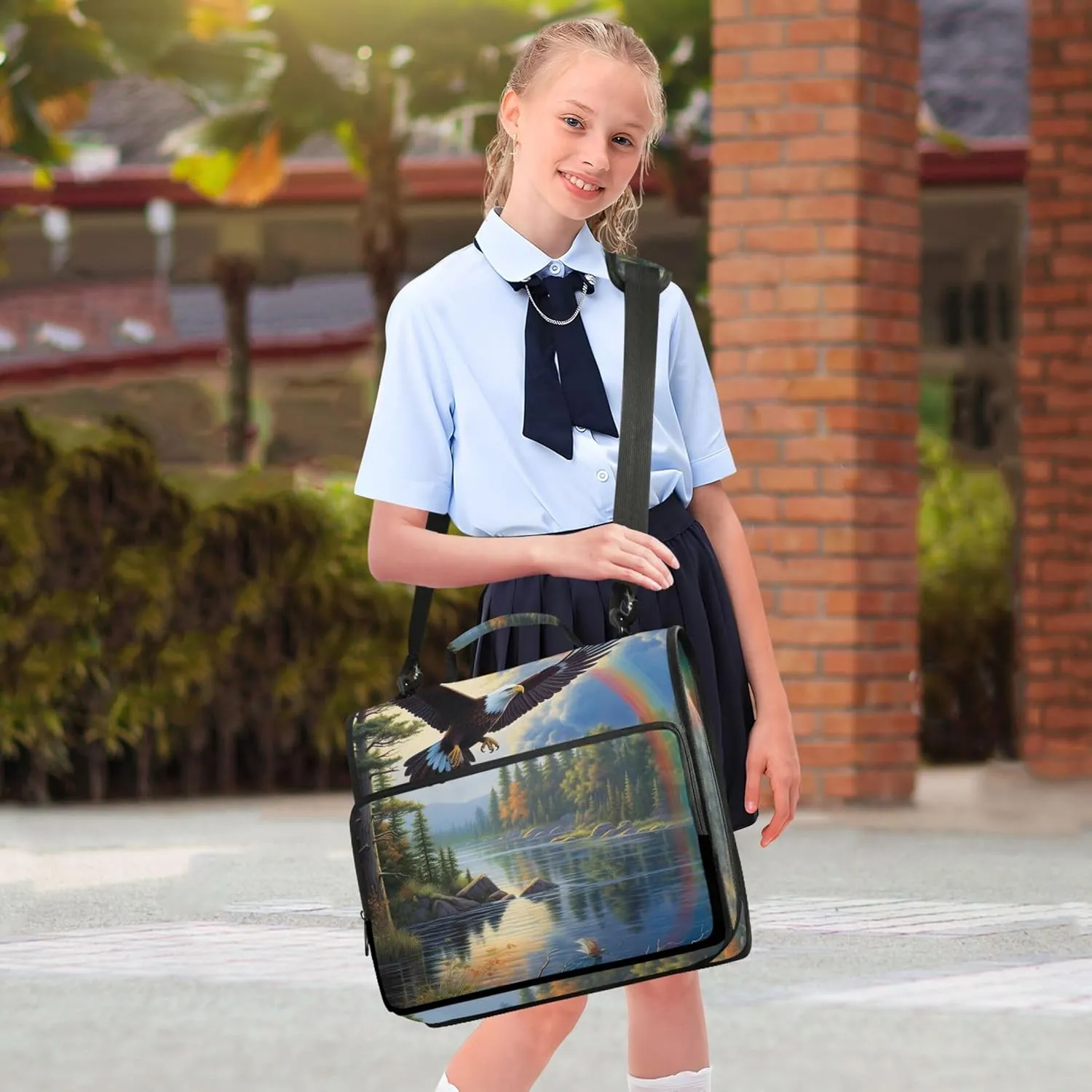 Pink Binder Zipper Organizer 1.5 Inch Binders 3 Ring Heavy Duty Eagle Soars Serene Lake Multi Pockets Large Portfolio Folder School Binders Bag with Shoulder Strap