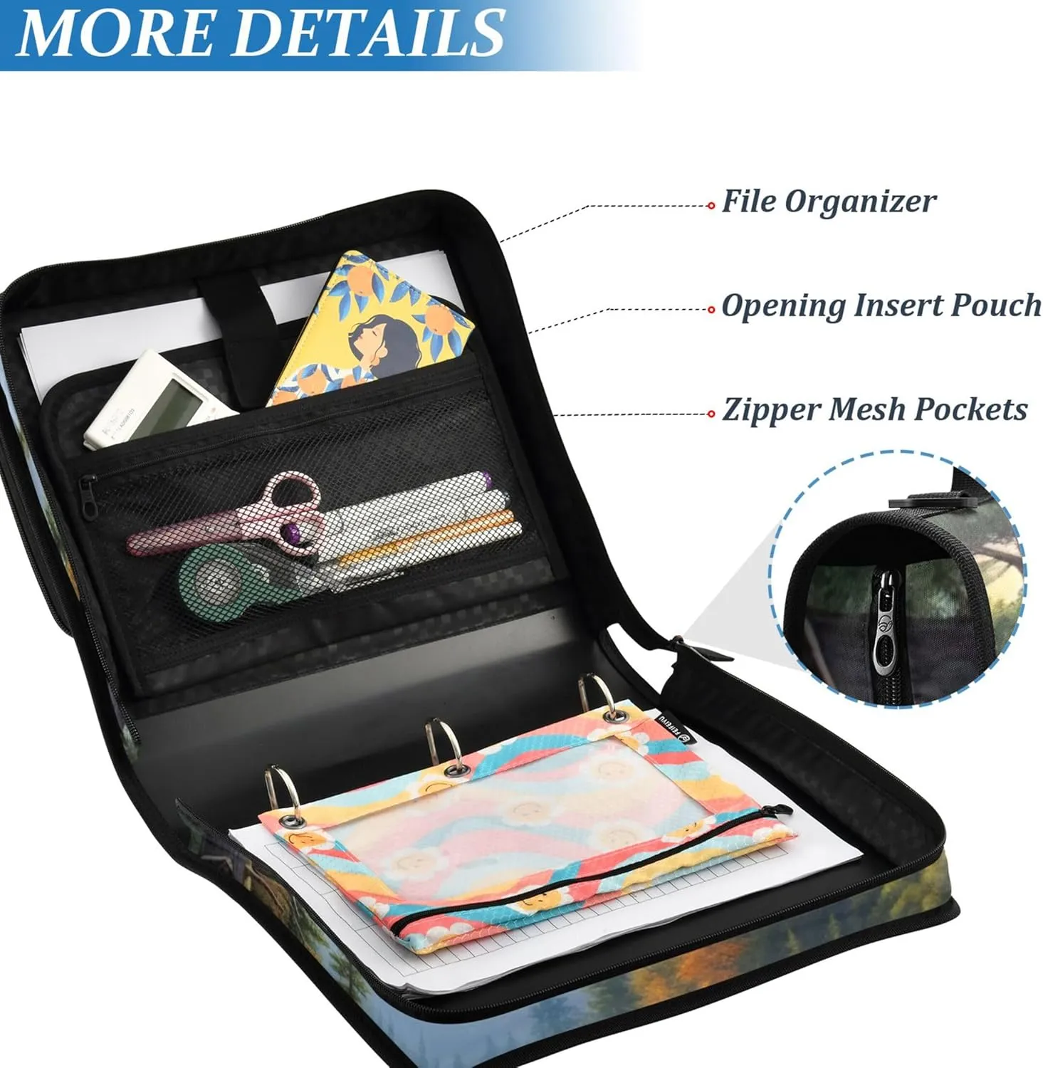 Pink Binder Zipper Organizer 1.5 Inch Binders 3 Ring Heavy Duty Eagle Soars Serene Lake Multi Pockets Large Portfolio Folder School Binders Bag with Shoulder Strap