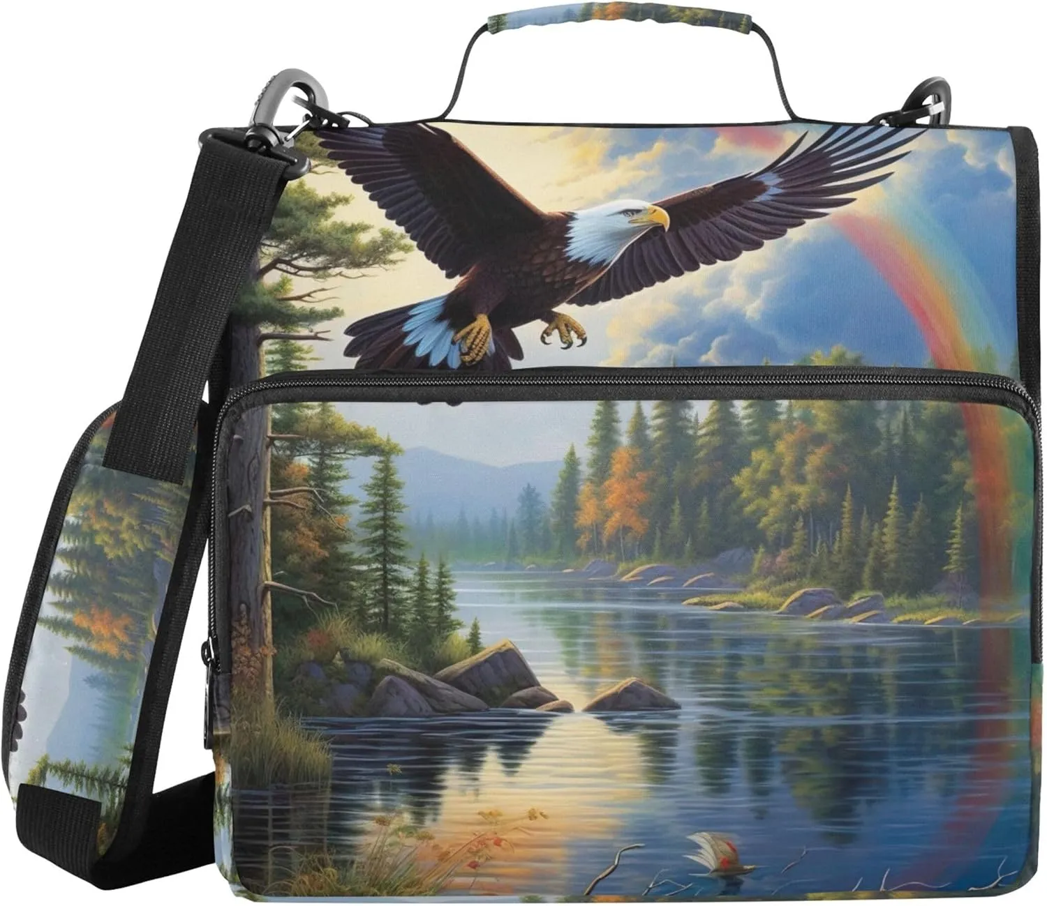 Pink Binder Zipper Organizer 1.5 Inch Binders 3 Ring Heavy Duty Eagle Soars Serene Lake Multi Pockets Large Portfolio Folder School Binders Bag with Shoulder Strap