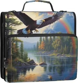 Pink Binder Zipper Organizer 1.5 Inch Binders 3 Ring Heavy Duty Eagle Soars Serene Lake Multi Pockets Large Portfolio Folder School Binders Bag with Shoulder Strap