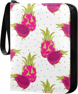 Pink Dragon Fruit Pattern Card Binder for Trading Cards, 4 Pocket with 50 Sleeves up to 400 Cards, Double Sided Pockets Card Holder Carry Case for Baseball Card, Football Card, Gaming Cards