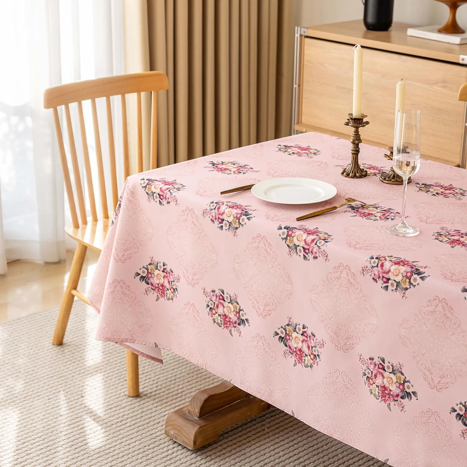 Pink Floral Rectangle Tablecloth Vintage Shabby Chic Flower Table Cloth Spring Table Cover Waterproof for Dinner Kitchen Picnic, Pink, 60x84 Inches