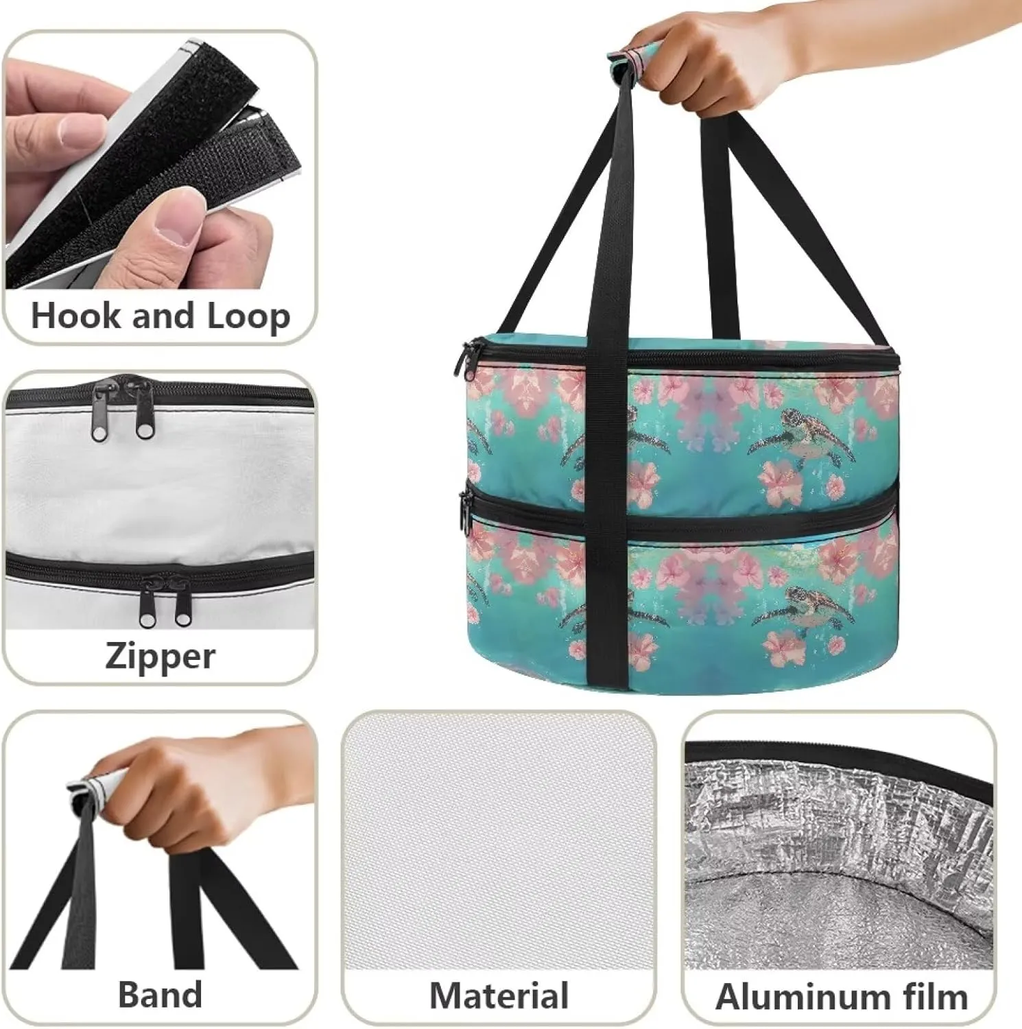 Pink Flower Sea Turtle Casserole Carrier Bag Case with Lid And Handle Large Insulated Casseroles Carriers Portable Food Warmer Carriers for Transport Picnic Baking Crust