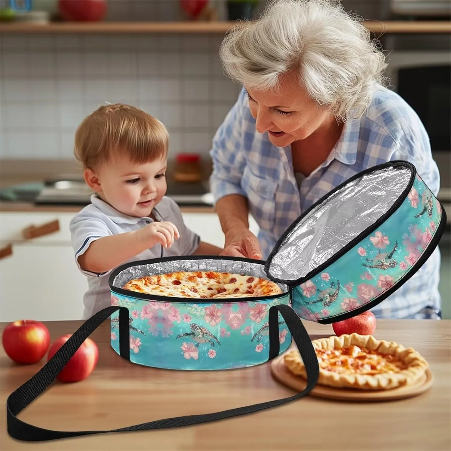 Pink Flower Sea Turtle Casserole Carrier Bag Case with Lid And Handle Large Insulated Casseroles Carriers Portable Food Warmer Carriers for Transport Picnic Baking Crust