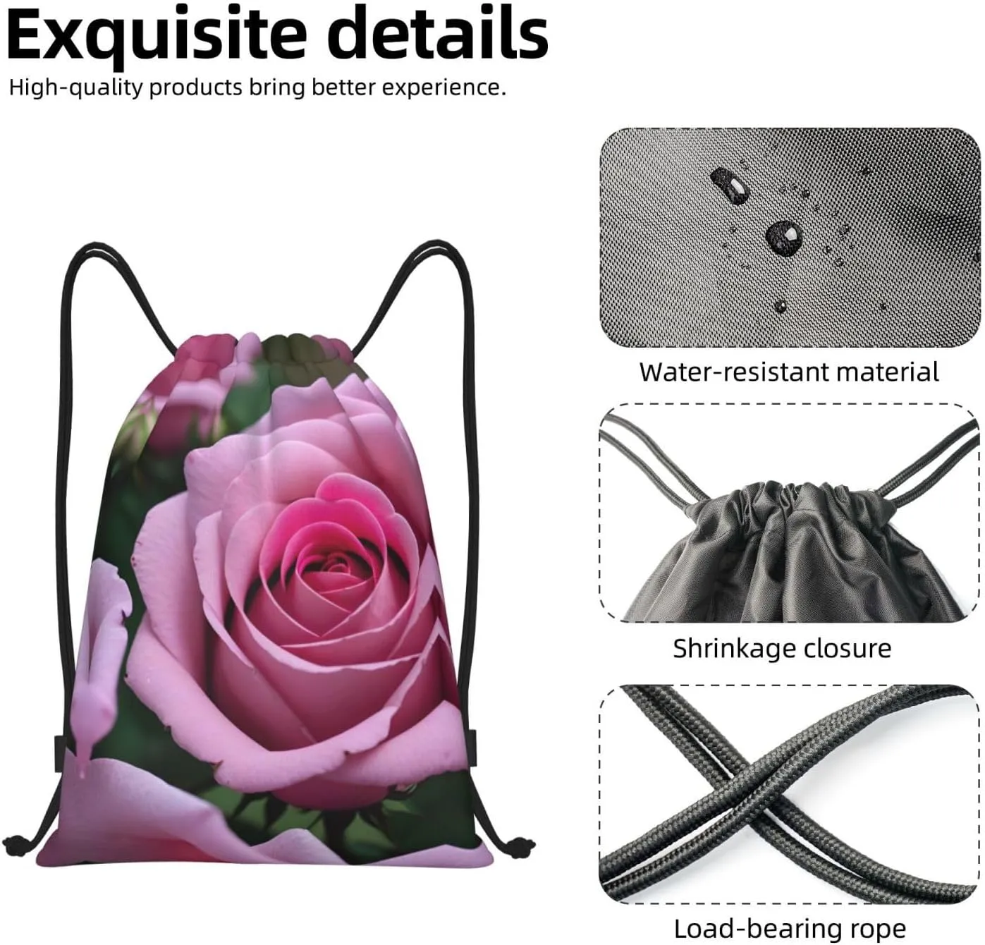 Pink Rose Flower Waterproof Drawstring Gym Backpack Bag For Men&Women,Sport Gym Sack Travel Daypack,Personalized
