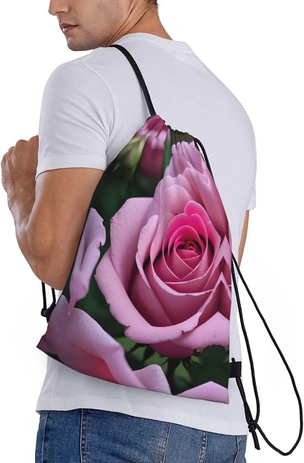 Pink Rose Flower Waterproof Drawstring Gym Backpack Bag For Men&Women,Sport Gym Sack Travel Daypack,Personalized