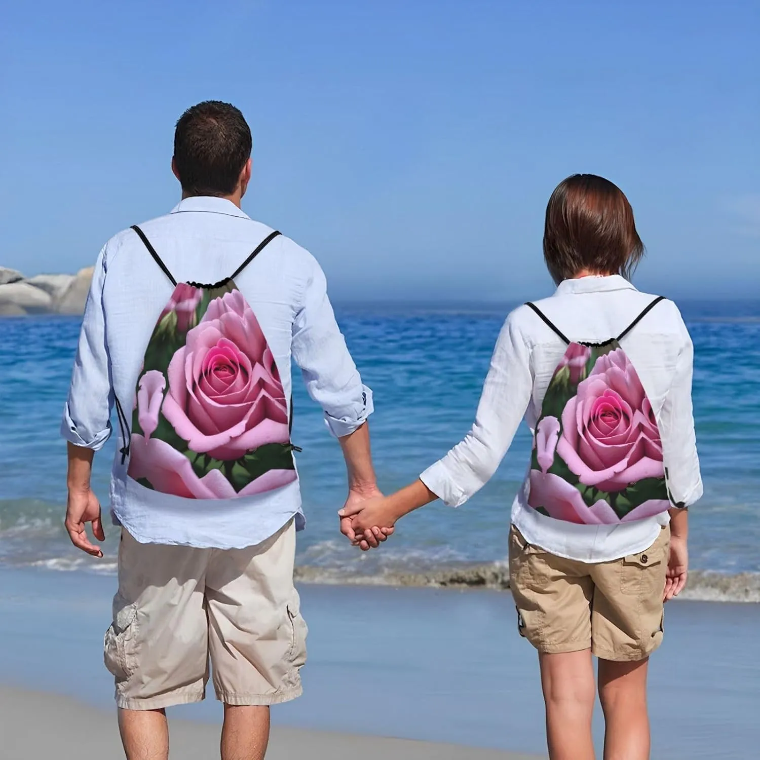 Pink Rose Flower Waterproof Drawstring Gym Backpack Bag For Men&Women,Sport Gym Sack Travel Daypack,Personalized