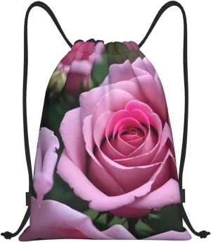 Pink Rose Flower Waterproof Drawstring Gym Backpack Bag For Men&Women,Sport Gym Sack Travel Daypack,Personalized