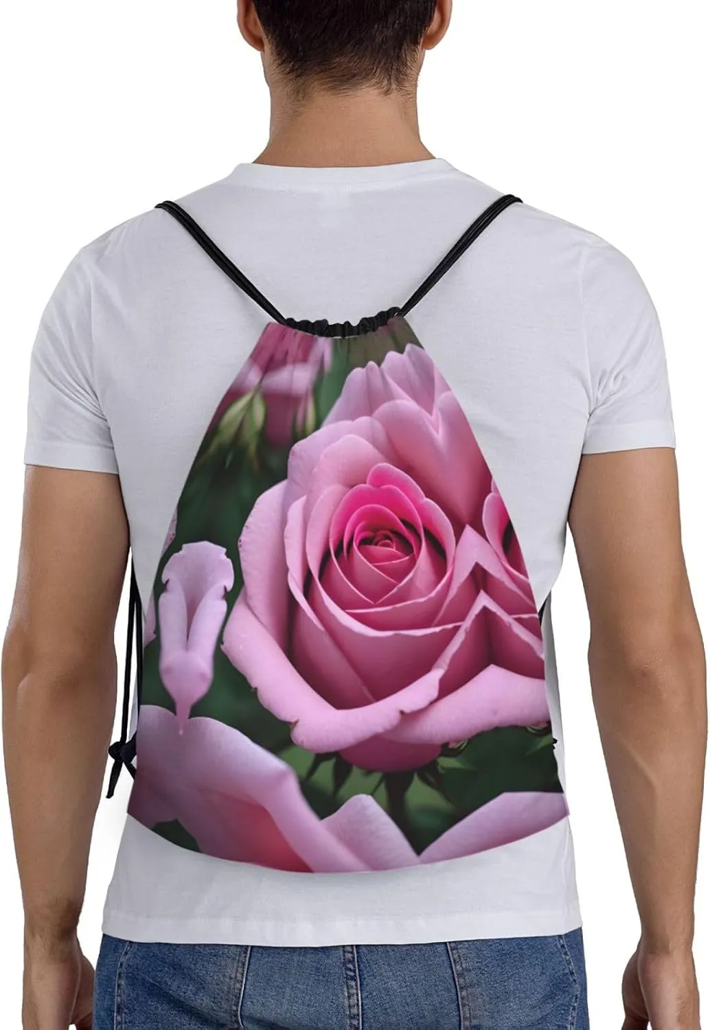 Pink Rose Flower Waterproof Drawstring Gym Backpack Bag For Men&Women,Sport Gym Sack Travel Daypack,Personalized