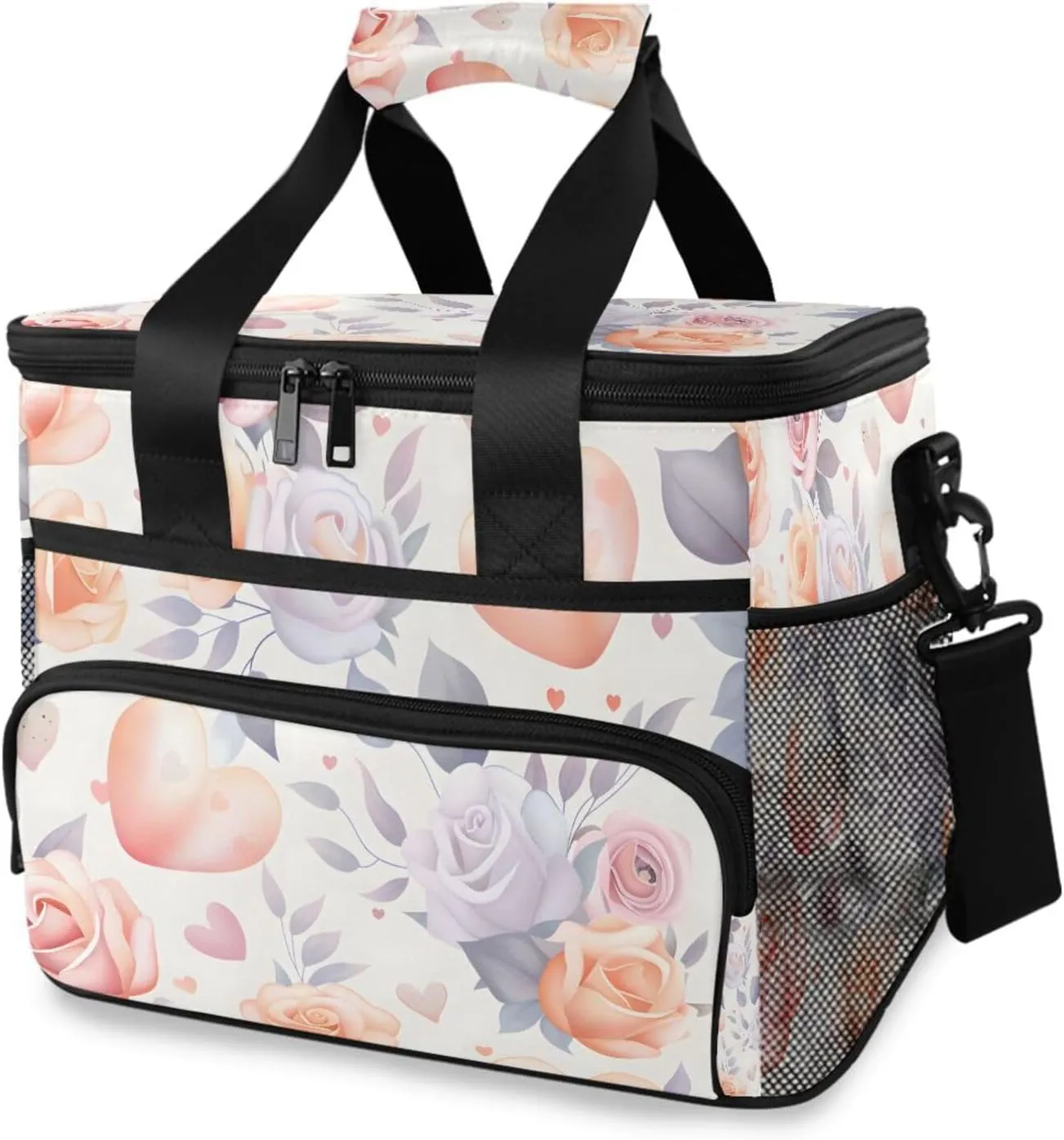 Pink Roses Watercolor Flower Cooler Bag Insulated Cooler Soft Sided Cooler 24 Can Portable Picnic Bag Large Leakproof Lunch Bag Box for Beach Grocery Camping Travel Car Men Women
