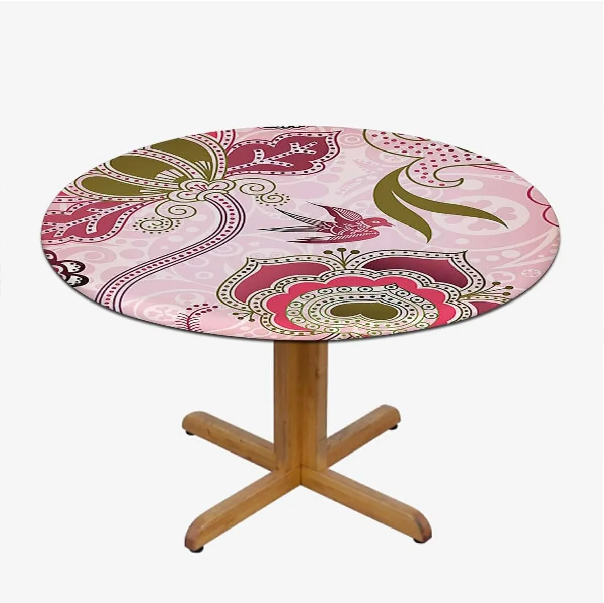 Pink Round Tablecloth with Elastic Edges Floral Design Dots Swirls Stripes Leaves Soft-Touch Fitted Table Cloth, Waterproof Oil-Proof Table Cover Flower Decor Fits up 45"-50" Diameter Tables