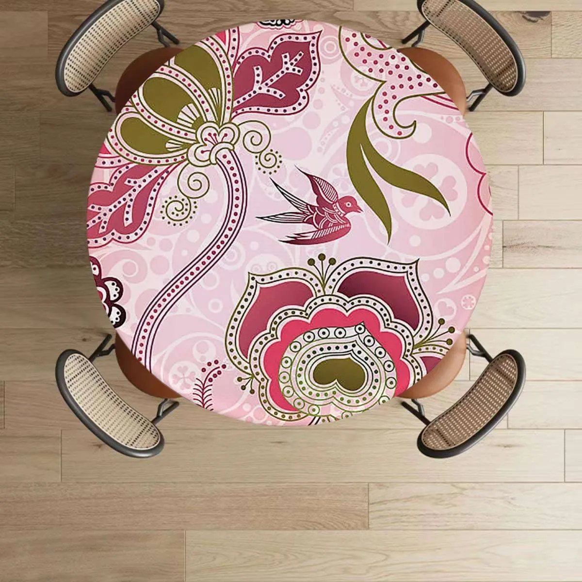 Pink Round Tablecloth with Elastic Edges Floral Design Dots Swirls Stripes Leaves Soft-Touch Fitted Table Cloth, Waterproof Oil-Proof Table Cover Flower Decor Fits up 45"-50" Diameter Tables