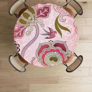 Pink Round Tablecloth with Elastic Edges Floral Design Dots Swirls Stripes Leaves Soft-Touch Fitted Table Cloth, Waterproof Oil-Proof Table Cover Flower Decor Fits up 45"-50" Diameter Tables