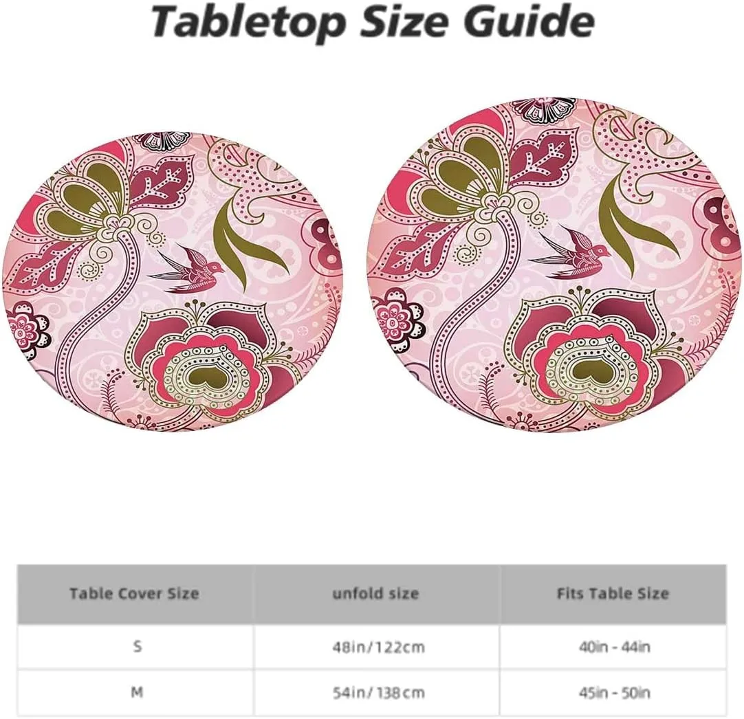 Pink Round Tablecloth with Elastic Edges Floral Design Dots Swirls Stripes Leaves Soft-Touch Fitted Table Cloth, Waterproof Oil-Proof Table Cover Flower Decor Fits up 45"-50" Diameter Tables