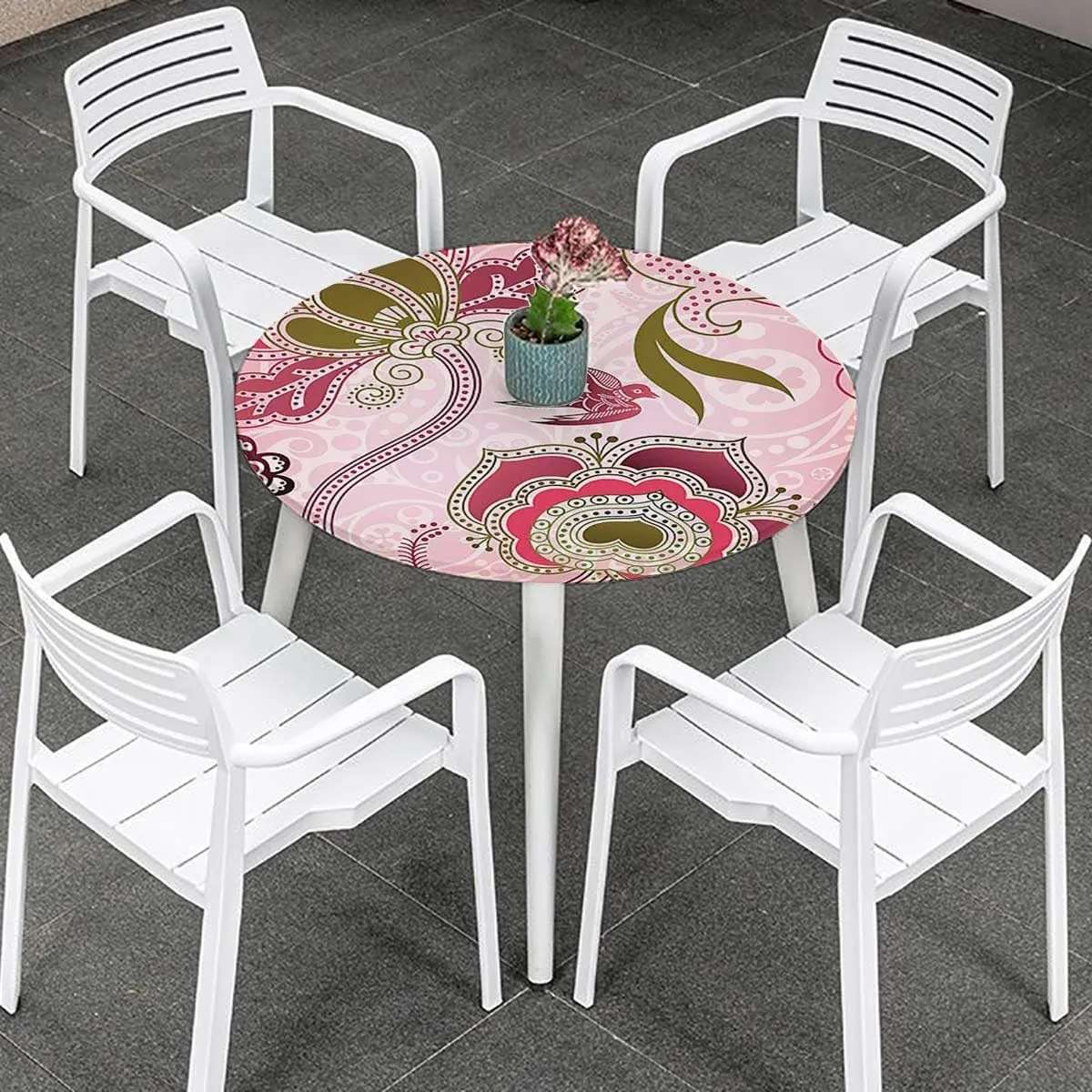 Pink Round Tablecloth with Elastic Edges Floral Design Dots Swirls Stripes Leaves Soft-Touch Fitted Table Cloth, Waterproof Oil-Proof Table Cover Flower Decor Fits up 45"-50" Diameter Tables