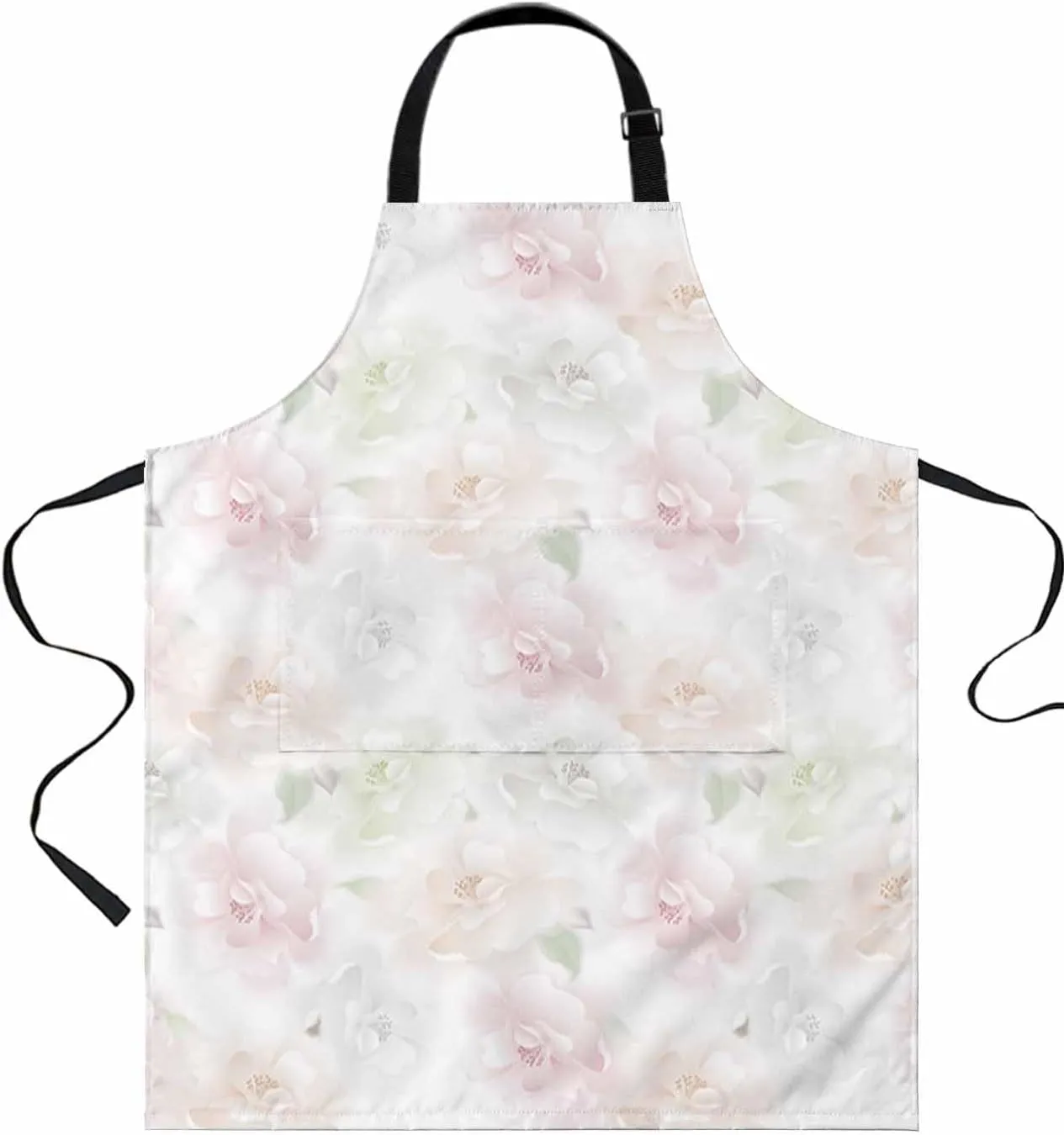 Pink White Floral Waterproof Apron With Pockets,Rose Flower Spring Botanical Watercolor Kitchen Chefs Bib Cooking BBQ Grill Bake Adjustable Aprons for Women Home Garden Grooming Painting Gardening