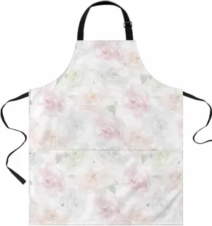 Pink White Floral Waterproof Apron With Pockets,Rose Flower Spring Botanical Watercolor Kitchen Chefs Bib Cooking BBQ Grill Bake Adjustable Aprons for Women Home Garden Grooming Painting Gardening