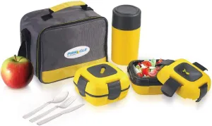 Pinnacle Thermoware Lunch Box Bag Set for Adults and Kids, Yellow, Stainless Steel and Plastic, Matching Cutlery Included