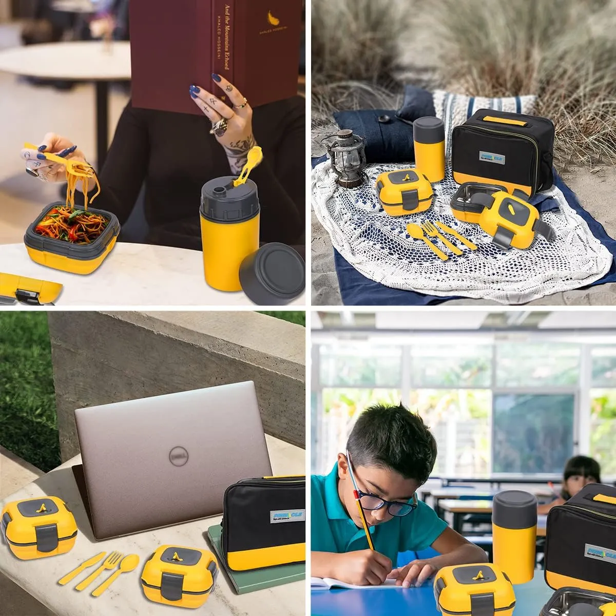 Pinnacle Thermoware Lunch Box Bag Set for Adults and Kids, Yellow, Stainless Steel and Plastic, Matching Cutlery Included