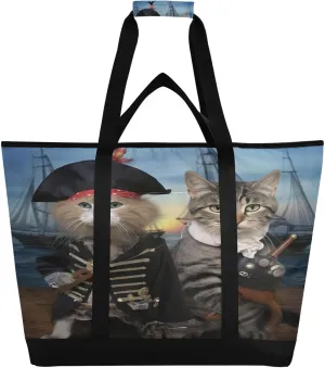 Pirate Captain Cat Reusable Insulated Lunchbox Cooler Bag, Leakproof Kitchen Grocery Bag Collapsible Portable Cooler Tote Bag for Picnic, Camping, Office, Travel